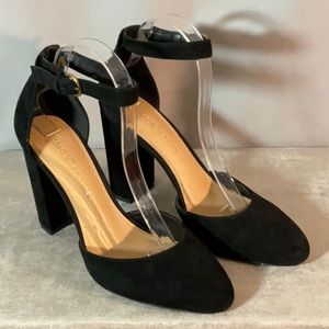 Black Suede Ankle-Strap Block Heel Pumps